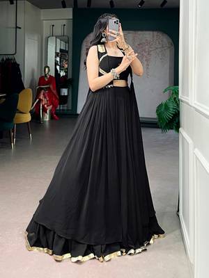 Black Lotus Handwork Lehenga Choli with Long Jacket Set 1