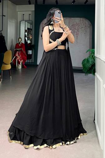 Black Lotus Handwork Lehenga Choli with Long Jacket Set