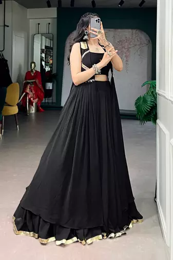 Black Lotus Handwork Lehenga Choli with Long Jacket Set