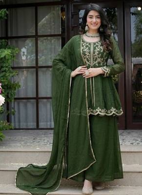 Green embroidery crunchy silk full stitched sharara palazzo suit set 2