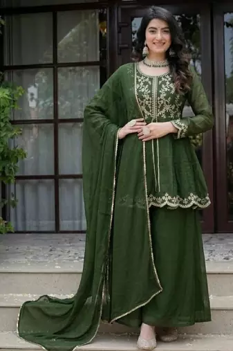 Green embroidery crunchy silk full stitched sharara palazzo suit set