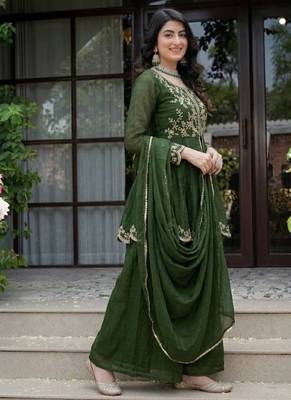 Green embroidery crunchy silk full stitched sharara palazzo suit set 3