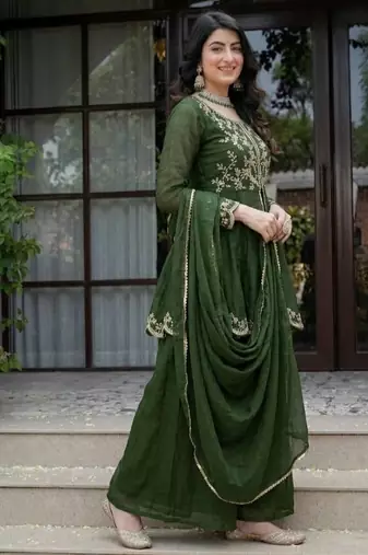 Green embroidery crunchy silk full stitched sharara palazzo suit set