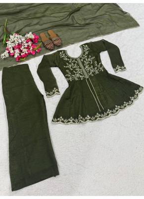 Green embroidery crunchy silk full stitched sharara palazzo suit set 4