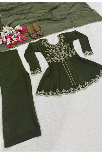 Green embroidery crunchy silk full stitched sharara palazzo suit set