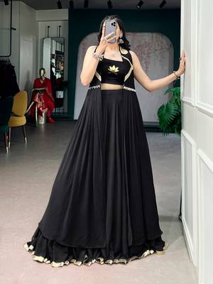 Black Lotus Handwork Lehenga Choli with Long Jacket Set 4