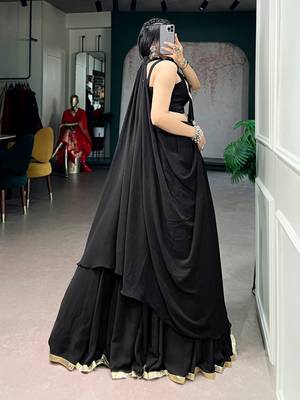 Black Lotus Handwork Lehenga Choli with Long Jacket Set 5