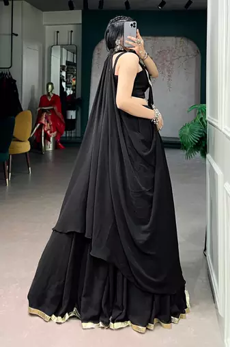 Black Lotus Handwork Lehenga Choli with Long Jacket Set