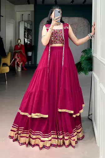 Rani Pink Gamthi Work Georgette Navratri Lehenga Choli with Long Koti