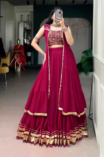 Rani Pink Gamthi Work Georgette Navratri Lehenga Choli with Long Koti