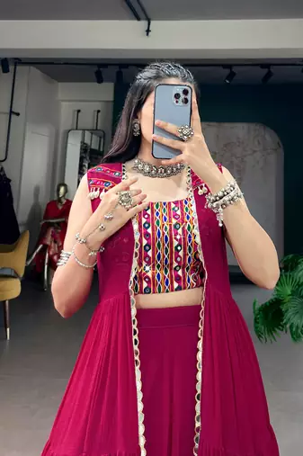 Rani Pink Gamthi Work Georgette Navratri Lehenga Choli with Long Koti