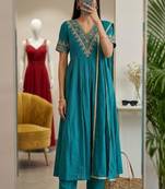 Blue silk blend embroidered kurta set