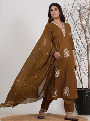 Brown silk blend embroidered kurta set 2