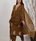 Brown silk blend embroidered kurta set