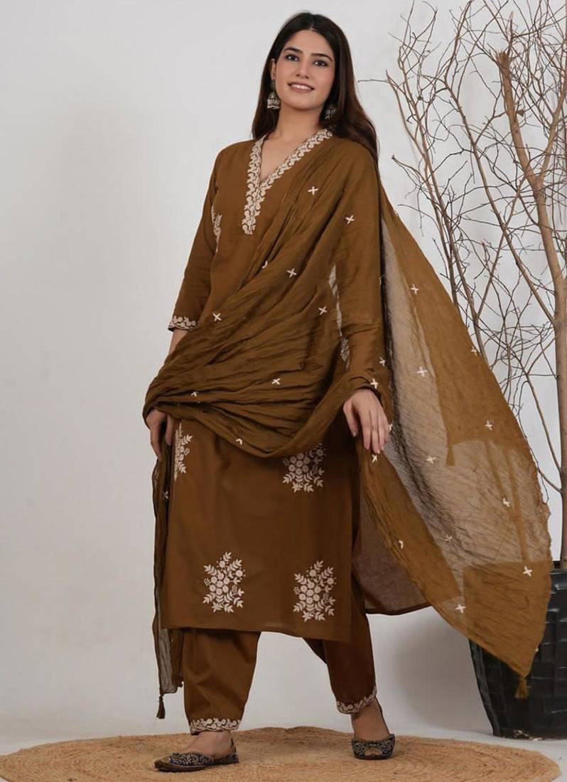 Brown silk blend embroidered kurta set