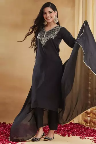 Black rayon embroidered kurta set