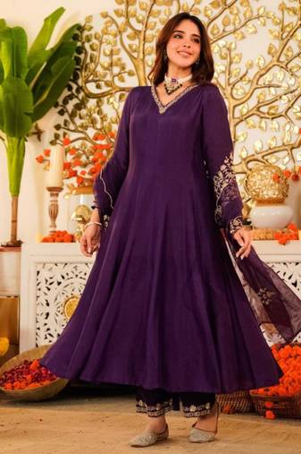 Purple chanderi embroidered kurta set