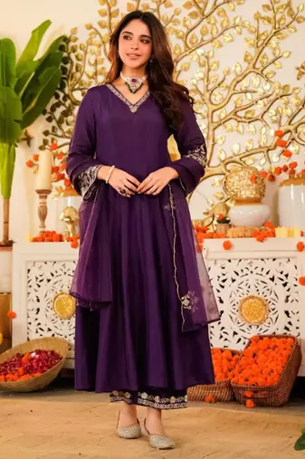 Purple chanderi embroidered kurta set
