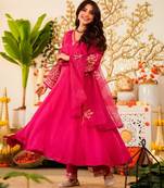 Hot pink chanderi embroidered kurta set