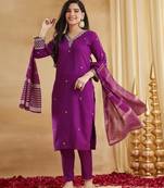Purple rayon embroidered kurta set