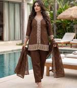 Brown silk blend embroidered kurta set