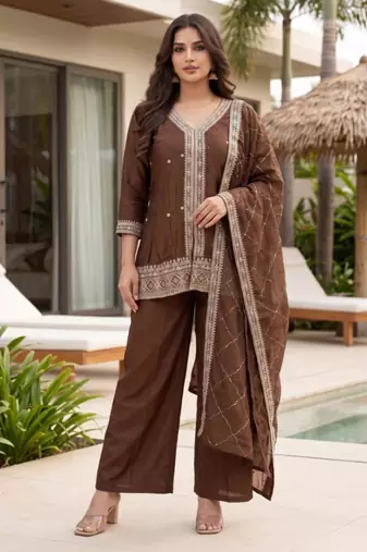 Brown silk blend embroidered kurta set