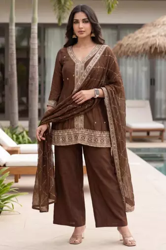 Brown silk blend embroidered kurta set