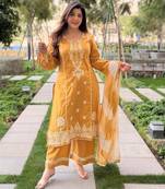Yellow silk blend embroidered kurta set