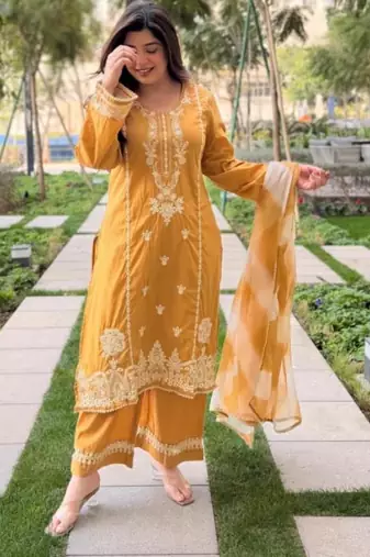Yellow silk blend embroidered kurta set