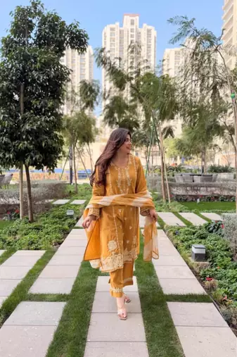 Yellow silk blend embroidered kurta set