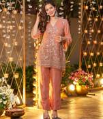 Peach silk blend embroidered kurta set