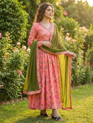 Pink silk blend printed kurta set 1