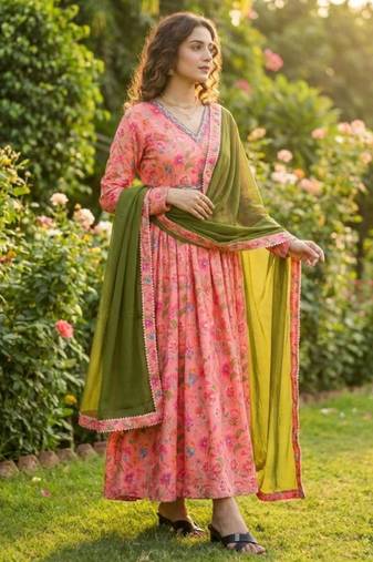 Pink silk blend printed kurta set