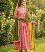 Pink silk blend printed kurta set