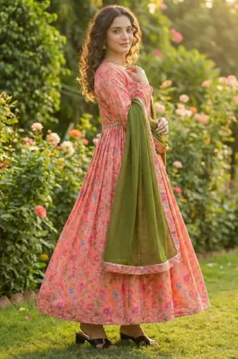 Pink silk blend printed kurta set