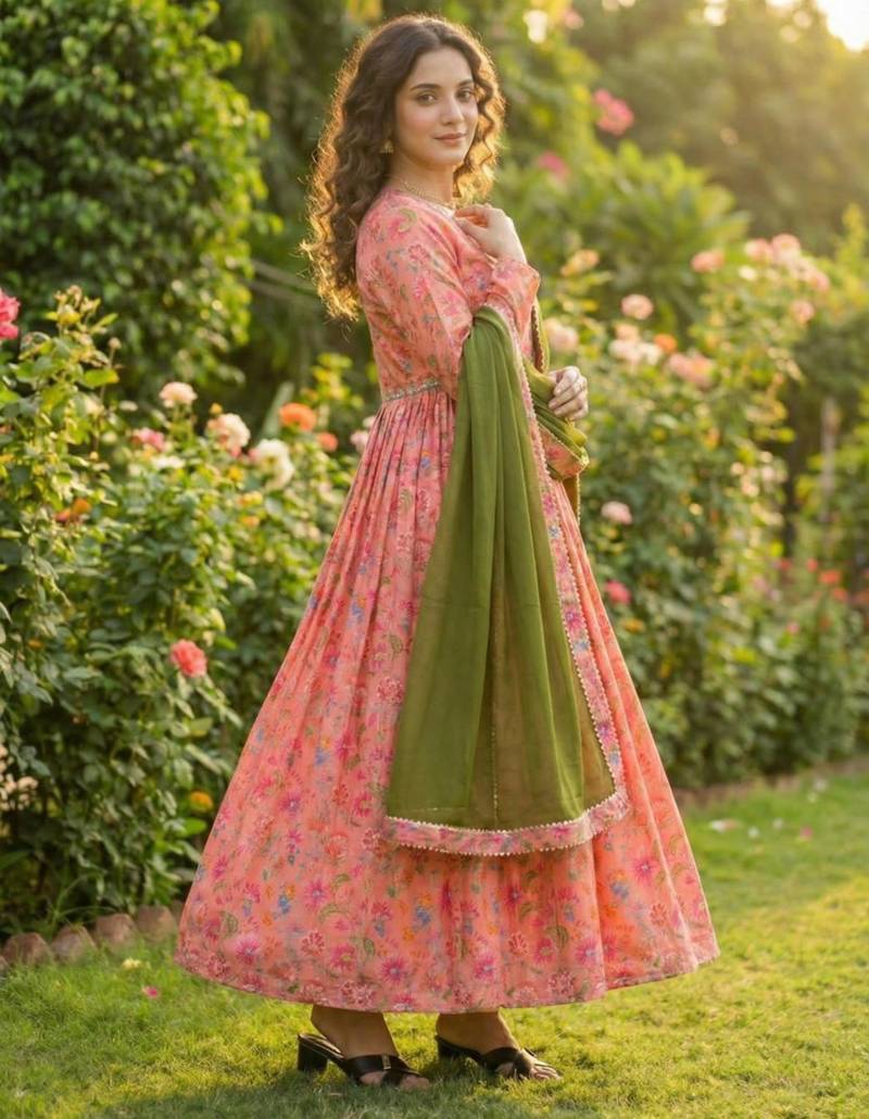 Pink silk blend printed kurta set