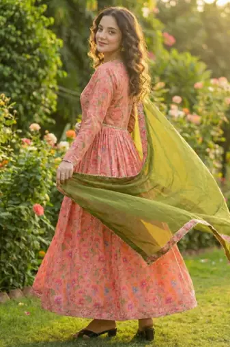 Pink silk blend printed kurta set