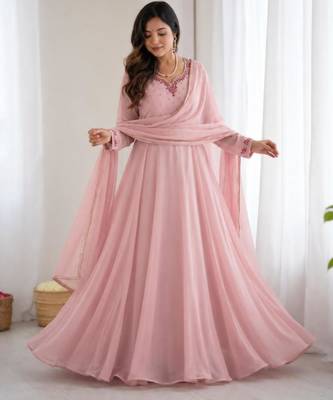 pink faux georgette embroidered flared gown set 1