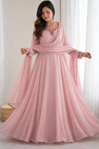 pink faux georgette embroidered flared gown set