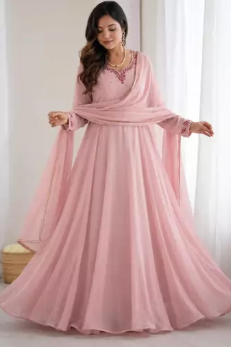 pink faux georgette embroidered flared gown set