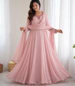 pink faux georgette embroidered flared gown set