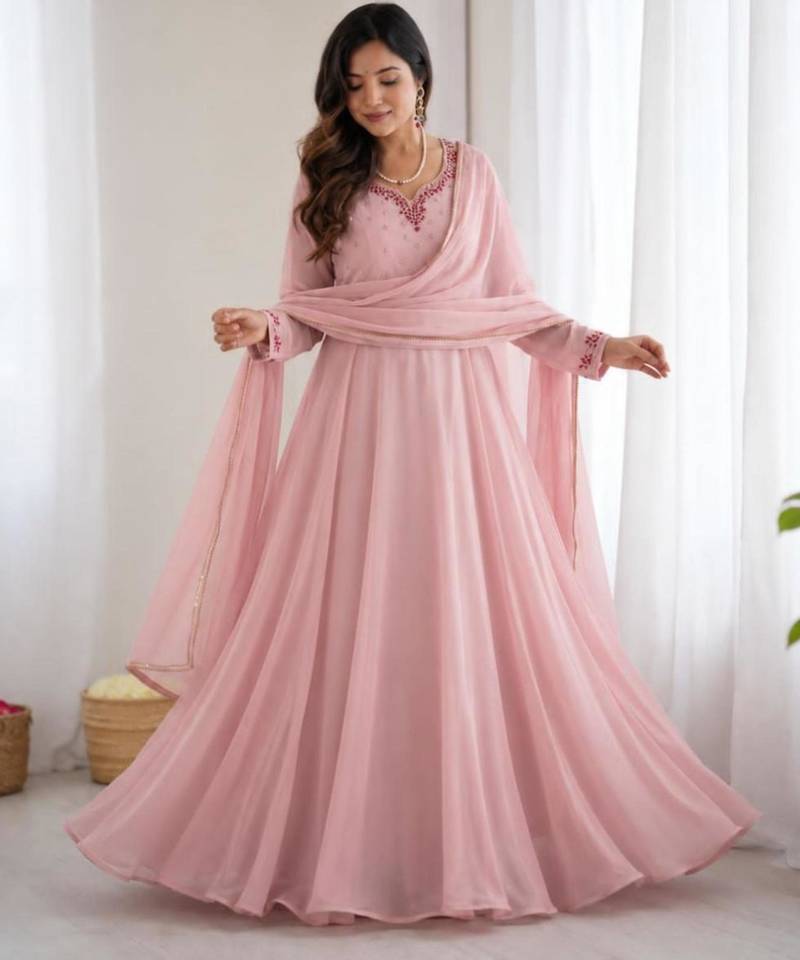 pink faux georgette embroidered flared gown set