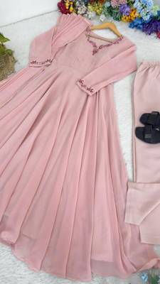 pink faux georgette embroidered flared gown set 2