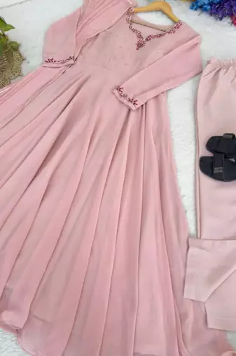 pink faux georgette embroidered flared gown set