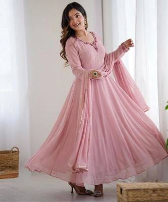 pink faux georgette embroidered flared gown set 3