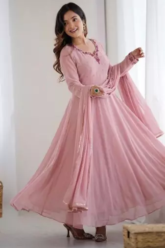 pink faux georgette embroidered flared gown set