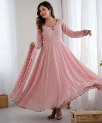 pink faux georgette embroidered flared gown set 4