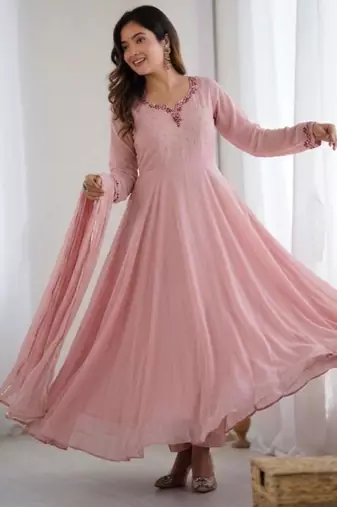 pink faux georgette embroidered flared gown set