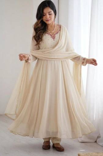 Cream faux georgette gota flared gown set