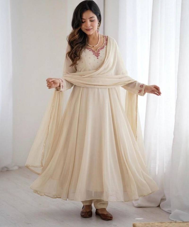Cream faux georgette gota flared gown set
